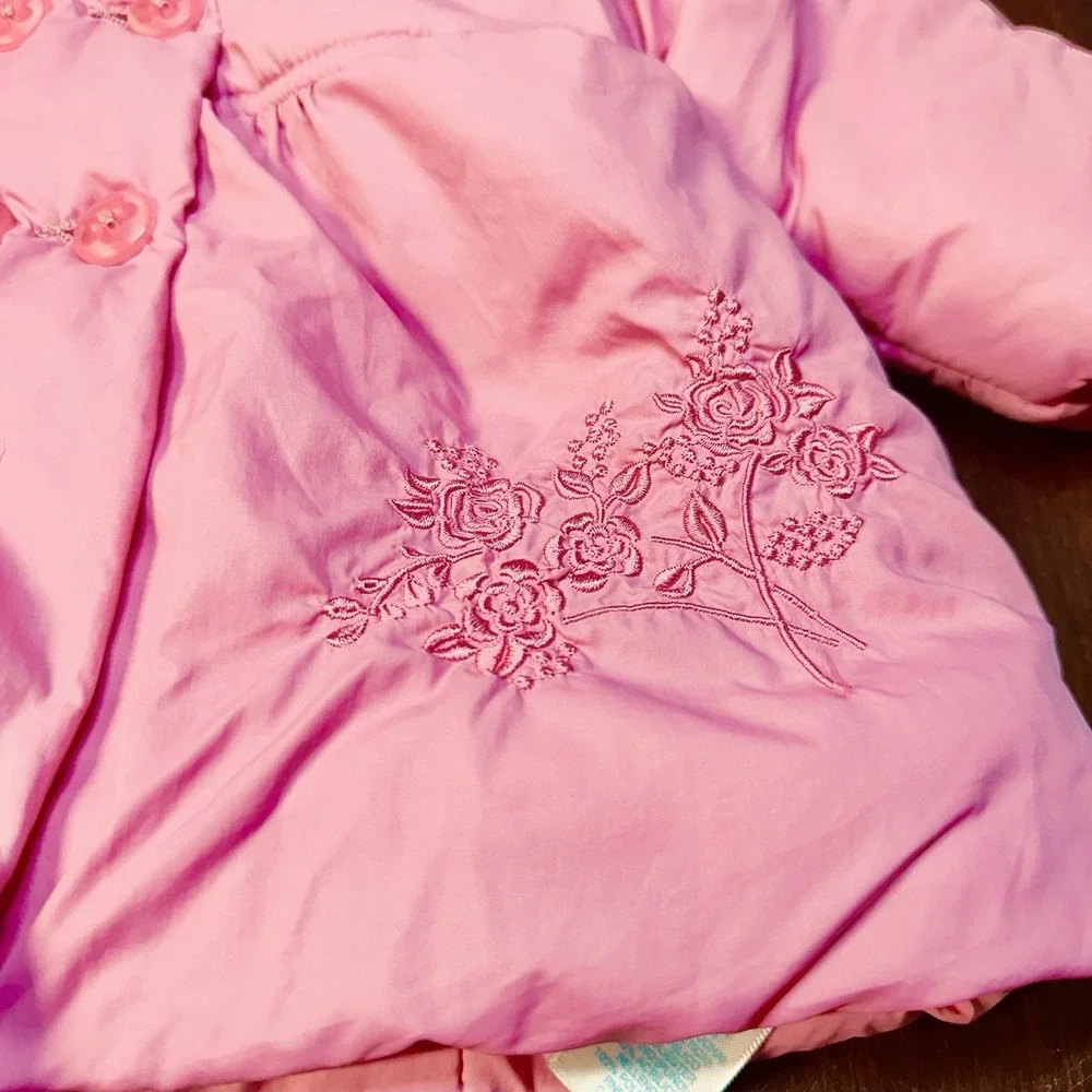 The Children's Place Pink Floral Puffer Coat Faux Fur Hood Girls 6-9 Mo Y2K VGC